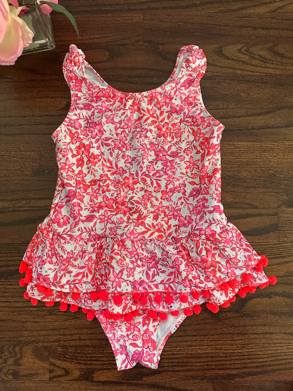 Nicole Miller one piece swimsuit trimmed with poms, size L/12